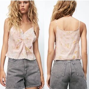 Zara tie dye embroidered lace trim camisole tank top, cream pink size Medium